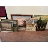 Four oil paintings and a Victorian watercolour drawing