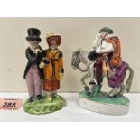 Two small 19th century porcelaneous groups, lady and gentleman; traveller on horseback. 4' and 4¼'