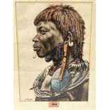 J.P. LUDU. UGANDAN 1925-1965 Portrait of a warrior. Signed. Watercolour 13½' x 9½