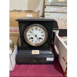 A French black slate cased mantle clock. 9½' high