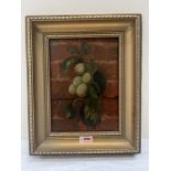 R. MORRIS. BRITISH 20TH CENTURY Still life of fruit against a brick wall. Signed. Oil on panel 12' x