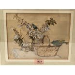 JOHN STANTON WARD. R.A; C.B.E. BRITISH 1917-2007 Still life of basket and vases of flowering shrubs.