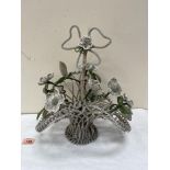 A Victorian wire and beadwork flower basket table ornament. 14' high