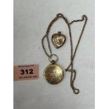 A yellow metal locket on necklet chain. Not marked, the lot to include a heart locket. Also not