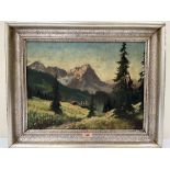 EUROPEAN SCHOOL. 20TH CENTURY Wetterstein Mountains. Signed monogram, inscribed and dated '44. Oil