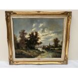 H. BERNER. 20TH CENTURY River scene with figures and geese. Signed. Oil on canvas 20' x 24'