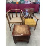 An Arts and Crafts style oak tub chair, a 1920s elbow chair and a Victorian mahogany commode (3)