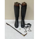 A pair of waxed calf lady's riding boots with trees, child's crop etc.
