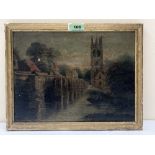 ENGLISH SCHOOL. 19TH CENTURY River scene with angler and church. Oil on canvas 9' x 12'