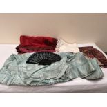 A paisley painted shawl, a woven door curtain, a Victorian silk skirt, a lace fan etc.