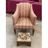 An Edward VII upholstered armchair and a mahogany tapestry seat stool