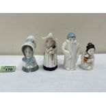 Four Royal Worcester candle snuffers, viz a nun; Old Woman; Japanese Girl and Toddie