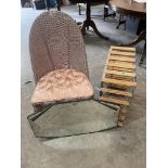 A 1930s loom bedroom chair, a wall mirror and a wine rack (3)