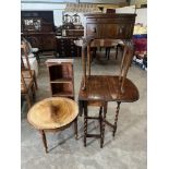 An oak gateleg table; a mahogany low table; a small bookcase and a bedside table (4)