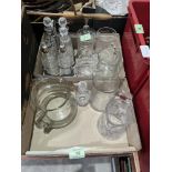 A plated cruet frame with six bottles or jars and other glassware