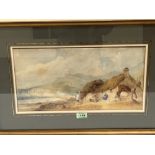 ENGLISH SCHOOL. 19TH CENTURY Coastal scene with cottage and figures. Watercolour 8¾' x 17½'