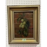 R.MORRIS. BRITISH 20TH CENTURY Still life of fruit against a brick wall. Signed. Oil on panel 12'