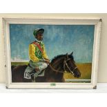 PETER COCKERILL. BRITISH 20TH CENTURY Lester Piggott on mount. Signed and dated '72. Oil on board