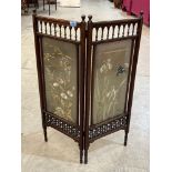 A late Victorian mahogany diptych firescreen with embroidered silk banners 28'w x 36'h
