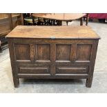 An early 18th century joined oak chest with six panel front raised on stiles. 47'w x 32'h.