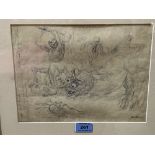 JEAN AUGER. AMERICAN 1926-2002 Imaginary beasts with figures. Signed, dated '53 and inscribed. Pen