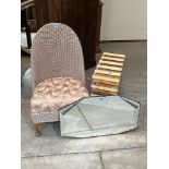 A 1930s loom bedroom chair, a wall mirror and a wine rack (3)