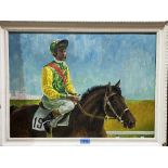 PETER COCKERILL. BRITISH 20TH CENTURY Lester Piggott on mount. Signed and dated '72. Oil on board