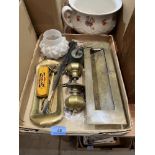 A box of metalware and sundries