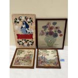 A pair of 1920s embroidered pictures, garden scene and a landscape 8' x 7' with two other textile