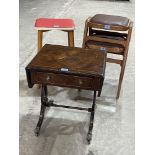 A dropleaf mahogany occasional table and three stools (4)