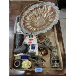 A box of metalware and sundries