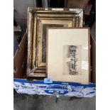 A gilt framed oil landscape (A.F.) and three signed etchings after George Huardel-Bly