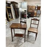 An Edward VII mahogany line inlaid two-tier table; a 19th century oak country chair and a cheval