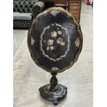 A Victorian papier-mache painted and mother-of-pearl inlaid snap-top table in the manner of
