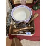 A Chamber pot two copper hunting horns and two small copper chaffing dishes