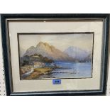 ENGLISH SCHOOL. 19TH CENTURY A mountain lake shore with cottage. Watercolour 8' x 12½'