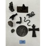 A collection of antiquarian metal objects to include an Austrian cold painted bronze