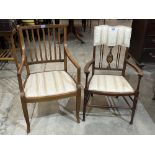 Two Edward VII mahogany and inlaid salon elbow chairs