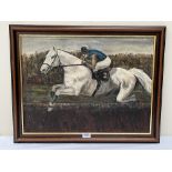 ENGLISH SCHOOL. 20TH CENTURY Desert Orchid at a jump. Oil on board 18' x 24'