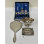 A silver hand mirror, Birmingham 1927; a silver dish, London 1902 and miscellaneous plate