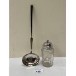 A Victorian cut glass caster with silver top, Sheffield 1839, 4½' high; together with a toddy