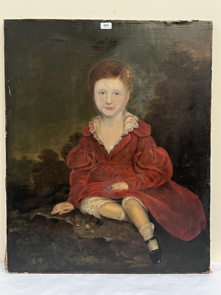 19TH CENTURY SCHOOL A portrait of a young girl seated in a landscape. Oil on canvas 36' x 29'.