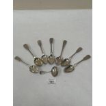 Seven silver teaspoons and a caddy spoon. 4ozs 7dwts