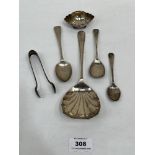 A silver salt, silver sugar bow, and four silver spoons. 4ozs 15dwts