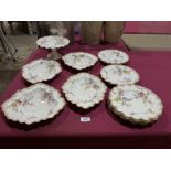 A Royal Crown Derby part dessert service of thirteen pieces. c1890. One plate A.F.