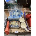 A box of Royal commemorative tins etc, a 1970s Formica Tray and 11 glasses