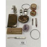 A collection of sundries to include a Samson Mordan pencil; a gilt metal pill box etc.