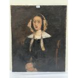 ENGLISH SCHOOL. 19TH CENTURY Portrait of a lady wearing a bonnet, lace collar, gold brooch and