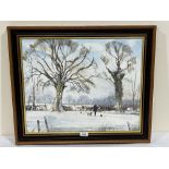 BRIAN MILNER-ROURKE. BRITISH CONTEMPORY A snow scene with man walking dogs. Signed. Oil on board 18'