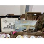 An unframed oil on canvas, harbour jetty; a christolian and an engraving of St.Ethelbert's Church,